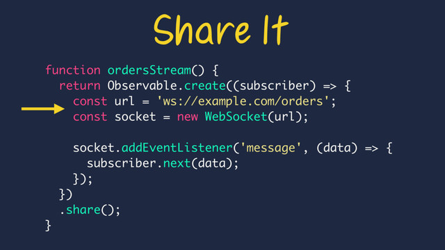 function ordersStream() {
return Observable.create((subscriber) => {
const url = 'ws://example.com/orders';
const socket = new WebSocket(url);
socket.addEventListener('message', (data) => {
subscriber.next(data);
});
})
.share();
}
Share It
