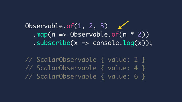 Observable.of(1, 2, 3)
.map(n => Observable.of(n * 2))
.subscribe(x => console.log(x));
// ScalarObservable { value: 2 }
// ScalarObservable { value: 4 }
// ScalarObservable { value: 6 }
