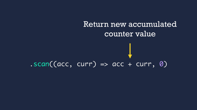 .scan((acc, curr) => acc + curr, 0)
Return new accumulated
counter value
