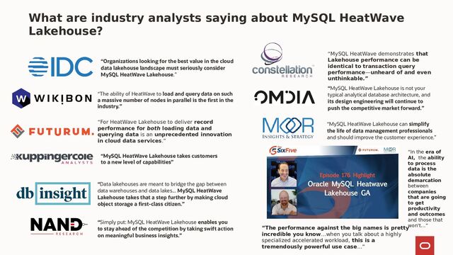 What are industry analysts saying about MySQL HeatWave
Lakehouse?
“MySQL HeatWave demonstrates that
Lakehouse performance can be
identical to transaction query
performance—unheard of and even
unthinkable.”
“For HeatWave Lakehouse to deliver record
performance for both loading data and
querying data is an unprecedented innovation
in cloud data services.”
“The ability of HeatWave to load and query data on such
a massive number of nodes in parallel is the first in the
industry.”
“MySQL HeatWave Lakehouse is not your
typical analytical database architecture, and
its design engineering will continue to
push the competitive market forward.”
“Data lakehouses are meant to bridge the gap between
data warehouses and data lakes... MySQL HeatWave
Lakehouse takes that a step further by making cloud
object storage a first-class citizen.”
“Simply put: MySQL HeatWave Lakehouse enables you
to stay ahead of the competition by taking swift action
on meaningful business insights.”
“Organizations looking for the best value in the cloud
data lakehouse landscape must seriously consider
MySQL HeatWave Lakehouse.”
“MySQL HeatWave Lakehouse takes customers
to a new level of capabilities”
“MySQL HeatWave Lakehouse can simplify
the life of data management professionals
and should improve the customer experience.”
“In the era of
AI, the ability
to process
data is the
absolute
demarcation
between
companies
that are going
to get
productivity
and outcomes
and those that
won't…”
“The performance against the big names is pretty
incredible you know…when you talk about a highly
specialized accelerated workload, this is a
tremendously powerful use case...”
