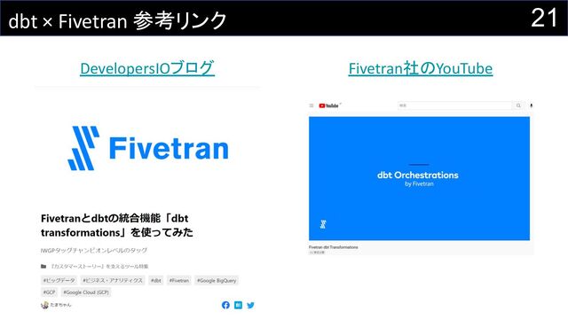 dbt × Fivetran 参考リンク
DevelopersIOブログ Fivetran社のYouTube
21
