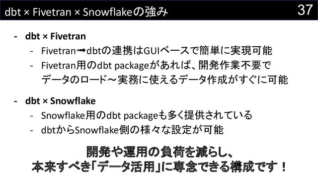 dbt × Fivetran × Snowflakeの強み
- dbt × Fivetran
- Fivetran➟dbtの連携はGUIベースで簡単に実現可能
- Fivetran用のdbt packageがあれば、開発作業不要で
データのロード～実務に使えるデータ作成がすぐに可能
- dbt × Snowflake
- Snowflake用のdbt packageも多く提供されている
- dbtからSnowflake側の様々な設定が可能
37
開発や運用の負荷を減らし、
本来すべき「データ活用」に専念できる構成です！
