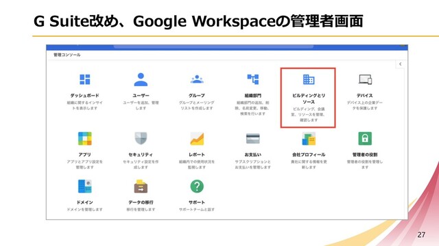 G Suite改め、Google Workspaceの管理者画⾯
27
