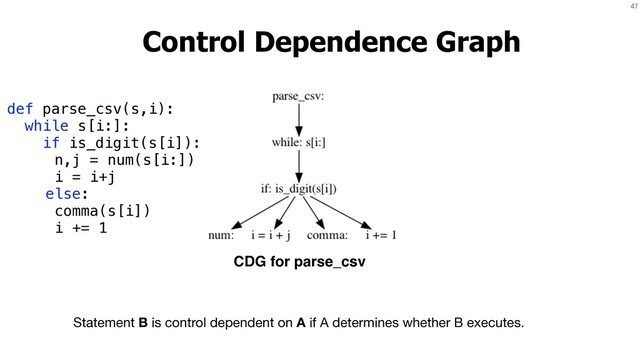 47
Control Dependence Graph
Statement B is control dependent on A if A determines whether B executes.
def parse_csv(s,i):
while s[i:]:
if is_digit(s[i]):
n,j = num(s[i:])
i = i+j
else:
comma(s[i])
i += 1
CDG for parse_csv
