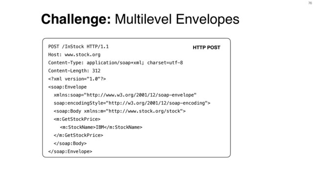 76
Challenge: Multilevel Envelopes
POST /InStock HTTP/1.1
Host: www.stock.org
Content-Type: application/soap+xml; charset=utf-8
Content-Length: 312




IBM



HTTP POST
