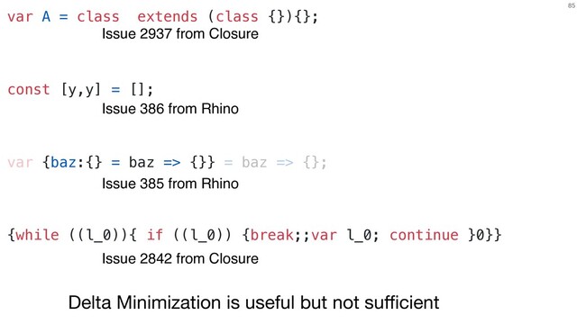 85
Issue 386 from Rhino
var A = class extends (class {}){};
Issue 2937 from Closure
const [y,y] = [];
var {baz:{} = baz => {}} = baz => {};
Issue 385 from Rhino
{while ((l_0)){ if ((l_0)) {break;;var l_0; continue }0}}
Issue 2842 from Closure
Delta Minimization is useful but not suﬃcient
