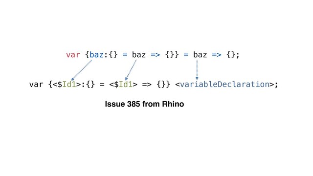 var {baz:{} = baz => {}} = baz => {};
Issue 385 from Rhino
var {<$Id1>:{} = <$Id1> => {}} ;
