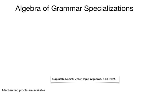 Gopinath, Nemati, Zeller. Input Algebras. ICSE 2021.
Mechanized proofs are available
Algebra of Grammar Specializations
