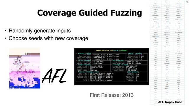 19
Coverage Guided Fuzzing
• Randomly generate inputs
• Choose seeds with new coverage
AFL
First Release: 2013
AFL Trophy Case
