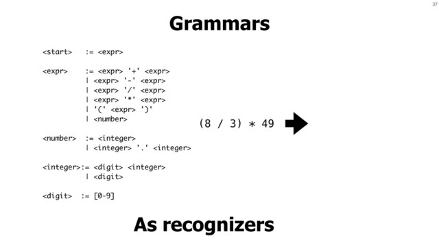 37
Grammars
As recognizers
(8 / 3) * 49
 := 
 :=  '+' 
|  '-' 
|  '/' 
|  '*' 
| '('  ')'
| 
 := 
|  '.' 
:=  
| 
 := [0-9]
