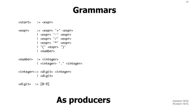 38
Grammars
 := 
 :=  '+' 
|  '-' 
|  '/' 
|  '*' 
| '('  ')'
| 
 := 
|  '.' 
:=  
| 
 := [0-9]
As producers (Hanford 1970)

(Purdom 1972)
