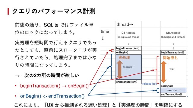 前述の通り、SQLite ではファイル単
位のロックになってしまう。
実処理を短時間で行えるクエリであっ
たとしても、直前にスロークエリが実
行されていたら、処理完了まではかな
りの時間になってしまう。
→ 次の2カ所の時間が欲しい
• beginTransaction() → onBegin()
• onBegin() -> endTransaction()
クエリのパフォーマンス計測
これにより、「UX から推測される遅い処理」と「実処理の時間」を明確にする
