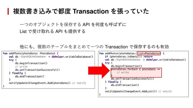 複数書き込みで都度 Transaction を張っていた
一つのオブジェクトを保存する API を何度も呼ばずに
List で受け取れる API も提供する
他にも、複数のテーブルをまとめて一つの Transaction で保存するのも有効
