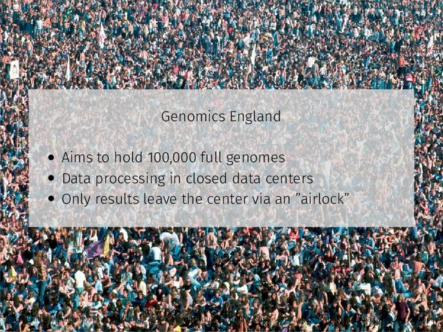 Genomics England
• Aims to hold 100,000 full genomes
• Data processing in closed data centers
• Only results leave the center via an ”airlock”
https://de.wikipedia.org/wiki/Datei:Crowd_at_Knebworth_House_-_Rolling_Stones_1976.jpg CC-BY by Wikimedia Commons Ibirapuera
