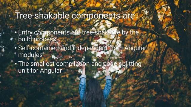 Tree-shakable components are
• Entry components but tree-shakable by the
build process
• Self-contained and independent from Angular
modules
• The smallest compilation and code splitting
unit for Angular
