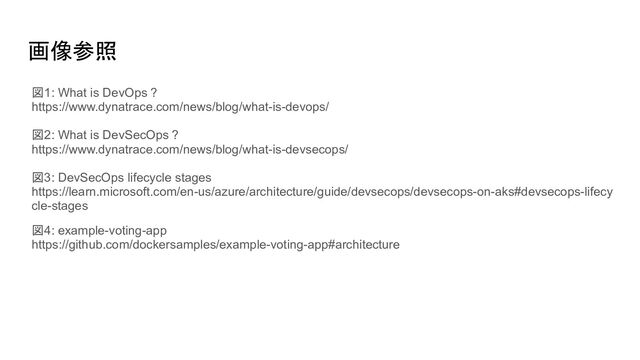 画像参照
図1: What is DevOps ?
https://www.dynatrace.com/news/blog/what-is-devops/
図2: What is DevSecOps ?
https://www.dynatrace.com/news/blog/what-is-devsecops/
図3: DevSecOps lifecycle stages
https://learn.microsoft.com/en-us/azure/architecture/guide/devsecops/devsecops-on-aks#devsecops-lifecy
cle-stages
図4: example-voting-app
https://github.com/dockersamples/example-voting-app#architecture
