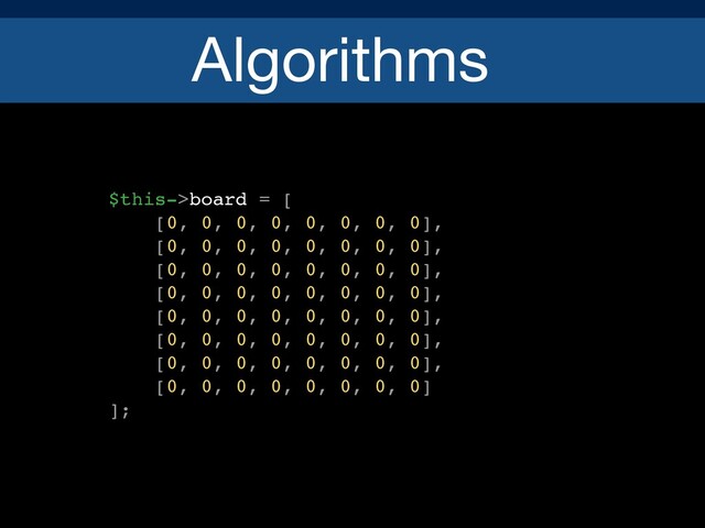 Algorithms
$this->board = [
[0, 0, 0, 0, 0, 0, 0, 0],
[0, 0, 0, 0, 0, 0, 0, 0],
[0, 0, 0, 0, 0, 0, 0, 0],
[0, 0, 0, 0, 0, 0, 0, 0],
[0, 0, 0, 0, 0, 0, 0, 0],
[0, 0, 0, 0, 0, 0, 0, 0],
[0, 0, 0, 0, 0, 0, 0, 0],
[0, 0, 0, 0, 0, 0, 0, 0]
];
