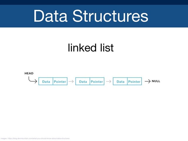 Data Structures
linked list

images: https://blog.devmountain.com/what-you-should-know-about-data-structures
