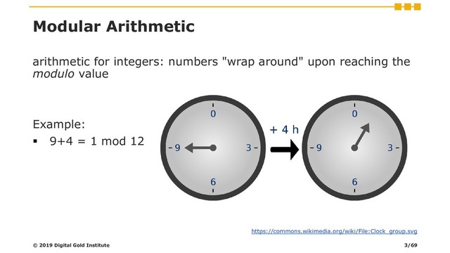 Modular Arithmetic
arithmetic for integers: numbers "wrap around" upon reaching the
modulo value
Example:
▪ 9+4 = 1 mod 12
© 2019 Digital Gold Institute
https://commons.wikimedia.org/wiki/File:Clock_group.svg
3/69
