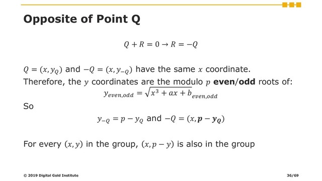 Opposite of Point Q
 +  = 0 →  = −
 = (, 
) and − = (, −
) have the same  coordinate.
Therefore, the  coordinates are the modulo  even/odd roots of:
,
= 3 +  + 
,
So
−
=  − 
and − = (,  − 
)
For every ,  in the group, ,  −  is also in the group
© 2019 Digital Gold Institute 36/69
