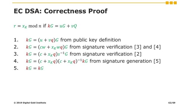 EC DSA: Correctness Proof
 = 
mod  if  =  + 
1.  =  +   from public key definition
2.  =  + 
  from signature verification [3] and [4]
3.  =  + 
 −1 from signature verification [2]
4.  =  + 
  + 
 −1 from signature generation [5]
5.  = 
© 2019 Digital Gold Institute 62/69

