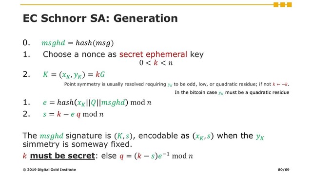 EC Schnorr SA: Generation
0. ℎ = ℎℎ()
1. Choose a nonce as secret ephemeral key
0 <  < 
2.  = (
, 
) = 
Point symmetry is usually resolved requiring 
to be odd, low, or quadratic residue; if not  ← −.
In the bitcoin case 
must be a quadratic residue
1.  = ℎℎ 
||||ℎ mod 
2.  =  −   mod 
The ℎ signature is (, ), encodable as 
,  when the 
simmetry is someway fixed.
 must be secret: else  =  −  −1 mod 
© 2019 Digital Gold Institute 80/69
