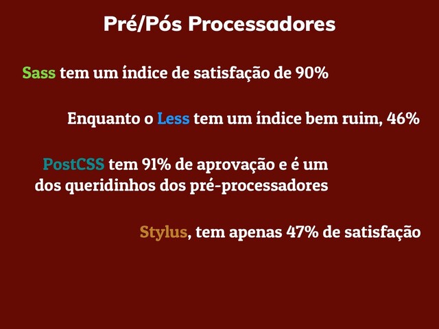 Pré/Pós Processadores
PostCSS tem 91% de aprovação e é um
dos queridinhos dos pré-processadores
Sass tem um índice de satisfação de 90%
Enquanto o Less tem um índice bem ruim, 46%
Stylus, tem apenas 47% de satisfação
