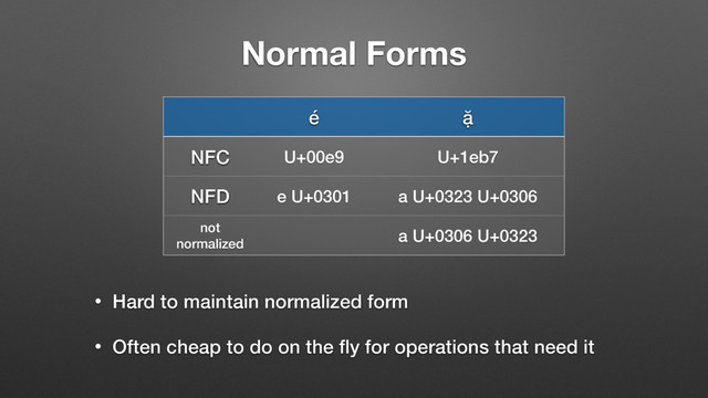 Normal Forms
é ặ
NFC U+00e9 U+1eb7
NFD e U+0301 a U+0323 U+0306
not
normalized
a U+0306 U+0323
• Hard to maintain normalized form
• Often cheap to do on the ﬂy for operations that need it
