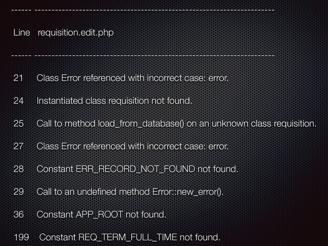 ------ ----------------------------------------------------------------------
Line requisition.edit.php
------ ----------------------------------------------------------------------
21 Class Error referenced with incorrect case: error.
24 Instantiated class requisition not found.
25 Call to method load_from_database() on an unknown class requisition.
27 Class Error referenced with incorrect case: error.
28 Constant ERR_RECORD_NOT_FOUND not found.
29 Call to an undeﬁned method Error::new_error().
36 Constant APP_ROOT not found.
199 Constant REQ_TERM_FULL_TIME not found.
