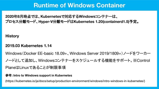 Runtime of Windows Container
2019.03 Kubernetes 1.14
Windows（Docker EE-basic 18.09+、Windows Server 2019/1809+）ノードをワーカー
ノードとして追加し、Windowsコンテナーをスケジュールする機能をサポート。※Control
PlaneはLinuxであることが制限事項
参考：Intro to Windows support in Kubernetes
(https://kubernetes.io/ja/docs/setup/production-environment/windows/intro-windows-in-kubernetes/)
2020年8月時点では、Kubernetesで対応するWindowsコンテナーは、
プロセス分離モード、Hyper-V分離モードはKubernetes 1.20(containerd1.5)予定。
History
