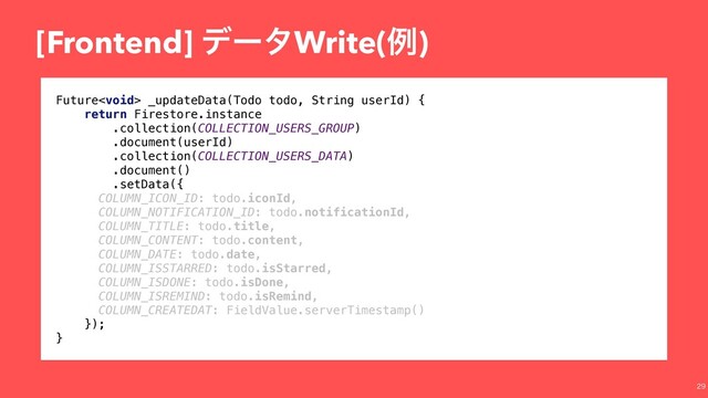 [Frontend] σʔλWrite(ྫ)

Future _updateData(Todo todo, String userId) {
return Firestore.instance
.collection(COLLECTION_USERS_GROUP)
.document(userId)
.collection(COLLECTION_USERS_DATA)
.document()
.setData({
COLUMN_ICON_ID: todo.iconId,
COLUMN_NOTIFICATION_ID: todo.notificationId,
COLUMN_TITLE: todo.title,
COLUMN_CONTENT: todo.content,
COLUMN_DATE: todo.date,
COLUMN_ISSTARRED: todo.isStarred,
COLUMN_ISDONE: todo.isDone,
COLUMN_ISREMIND: todo.isRemind,
COLUMN_CREATEDAT: FieldValue.serverTimestamp()
});
}

