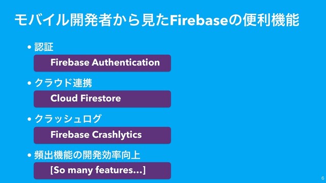 • ೝূ
• Ϋϥ΢υ࿈ܞ
• Ϋϥογϡϩά
• සग़ػೳͷ։ൃޮ཰޲্
Firebase Authentication
Cloud Firestore
Firebase Crashlytics
[So many features…]

ϞόΠϧ։ൃऀ͔ΒݟͨFirebaseͷศརػೳ
