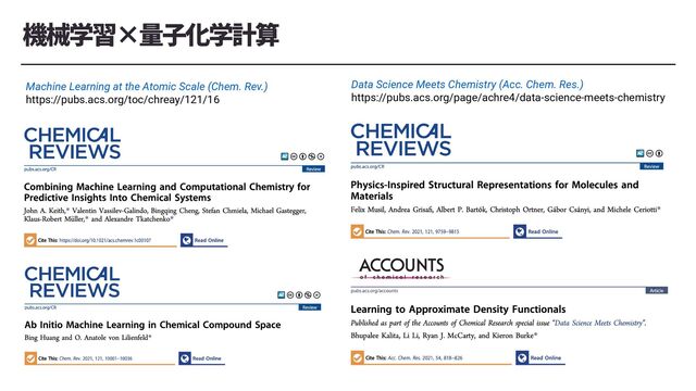 堣唒㷕统ꆀ㶨⻉㷕鎘皾
Machine Learning at the Atomic Scale (Chem. Rev.)
https://pubs.acs.org/toc/chreay/121/16
Data Science Meets Chemistry (Acc. Chem. Res.)
https://pubs.acs.org/page/achre4/data-science-meets-chemistry
