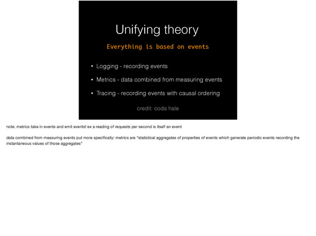 Unifying theory
• Logging - recording events
• Metrics - data combined from measuring events
• Tracing - recording events with causal ordering
Everything is based on events
credit: coda hale
note: metrics take in events and emit events! ex a reading of requests per second is itself an event

data combined from measuring events put more speciﬁcally: metrics are “statistical aggregates of properties of events which generate periodic events recording the
instantaneous values of those aggregates"
