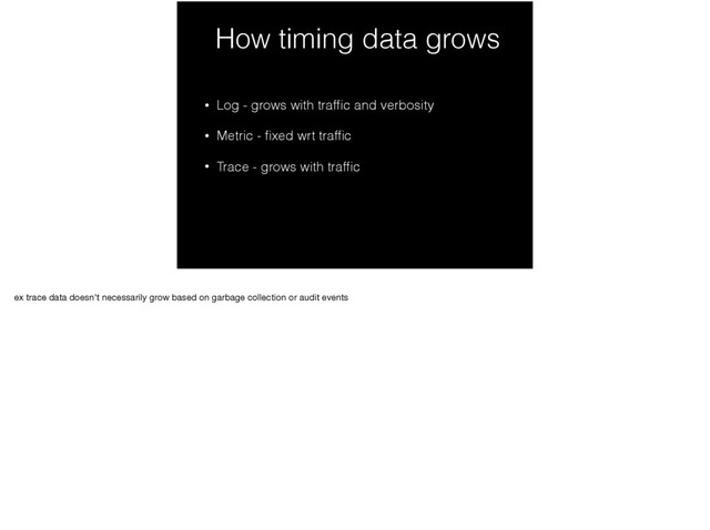 How timing data grows
• Log - grows with trafﬁc and verbosity
• Metric - ﬁxed wrt trafﬁc
• Trace - grows with trafﬁc
ex trace data doesn't necessarily grow based on garbage collection or audit events
