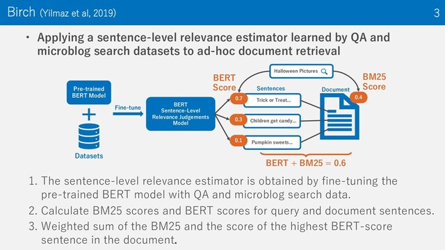 • Applying a sentence-level relevance estimator learned by QA and
microblog search datasets to ad-hoc document retrieval
Birch (Yilmaz et al, 2019) 3
1. The sentence-level relevance estimator is obtained by fine-tuning the
pre-trained BERT model with QA and microblog search data.
2. Calculate BM25 scores and BERT scores for query and document sentences.
3. Weighted sum of the BM25 and the score of the highest BERT-score
sentence in the document.
Pre-trained
BERT Model
BERT
Sentence-Level
Relevance Judgements
Model
Halloween Pictures
Datasets
Trick or Treat...
0.7
Children get candy...
0.3
Pumpkin sweets...
0.1
0.4
BERT + BM25 = 0.6
BM25
Score
BERT
Score Sentences Document
Fine-tune
