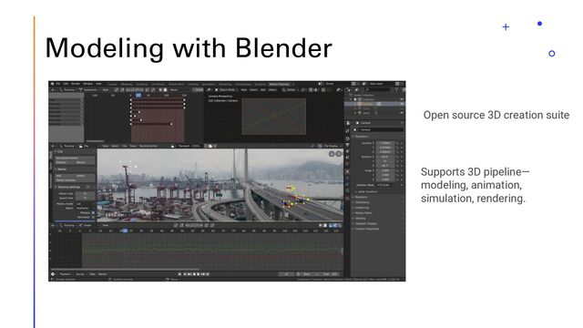 Modeling with Blender
Open source 3D creation suite
Supports 3D pipeline—
modeling, animation,
simulation, rendering.
