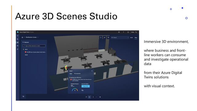 Azure 3D Scenes Studio
Immersive 3D environment,
where business and front-
line workers can consume
and investigate operational
data
from their Azure Digital
Twins solutions
with visual context.
