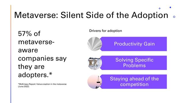 Metaverse: Silent Side of the Adoption
Productivity Gain
Solving Specific
Problems
Staying ahead of the
competition
57% of
metaverse-
aware
companies say
they are
adopters.*
*McKinsey Report: Value creation in the metaverse
(June 2022)
Drivers for adoption
