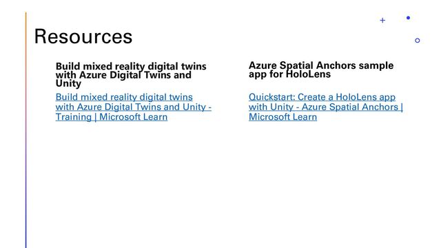 Resources
Quickstart: Create a HoloLens app
with Unity - Azure Spatial Anchors |
Microsoft Learn
Build mixed reality digital twins
with Azure Digital Twins and
Unity
Build mixed reality digital twins
with Azure Digital Twins and Unity -
Training | Microsoft Learn
Azure Spatial Anchors sample
app for HoloLens
