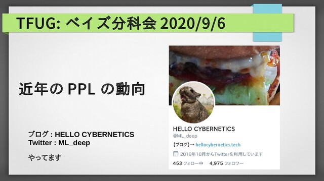 TFUG: ベイズ分科会 2020/9/6
ブログ : HELLO CYBERNETICS
Twitter : ML_deep
やってます
近年の PPL の動向
