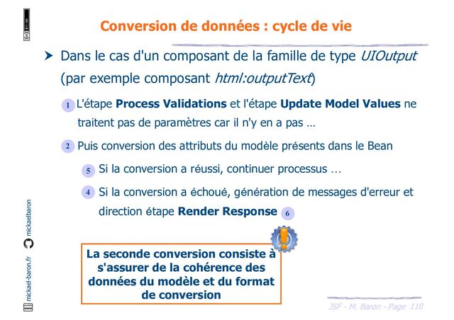 110
JSF - M. Baron - Page
mickael-baron.fr mickaelbaron
Conversion de données : cycle de vie
 Dans le cas d'un composant de la famille de type UIOutput
(par exemple composant html:outputText)
 L'étape Process Validations et l'étape Update Model Values ne
traitent pas de paramètres car il n'y en a pas …
 Puis conversion des attributs du modèle présents dans le Bean
 Si la conversion a réussi, continuer processus …
 Si la conversion a échoué, génération de messages d'erreur et
direction étape Render Response
1
2
5
4
6
La seconde conversion consiste à
s'assurer de la cohérence des
données du modèle et du format
de conversion
