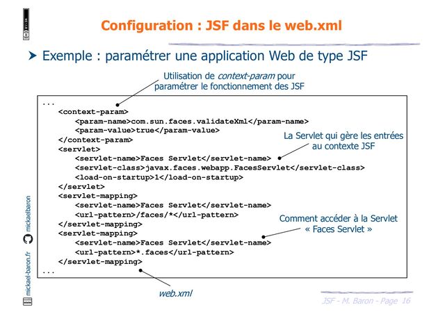 16
JSF - M. Baron - Page
mickael-baron.fr mickaelbaron
Configuration : JSF dans le web.xml
 Exemple : paramétrer une application Web de type JSF
...

com.sun.faces.validateXml
true


Faces Servlet
javax.faces.webapp.FacesServlet
1


Faces Servlet
/faces/*


Faces Servlet
*.faces

...
La Servlet qui gère les entrées
au contexte JSF
Utilisation de context-param pour
paramétrer le fonctionnement des JSF
Comment accéder à la Servlet
« Faces Servlet »
web.xml
