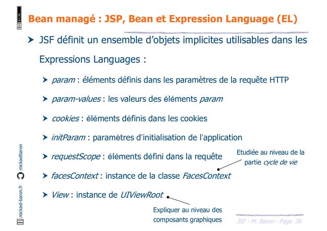 36
JSF - M. Baron - Page
mickael-baron.fr mickaelbaron
Bean managé : JSP, Bean et Expression Language (EL)
 JSF définit un ensemble d’objets implicites utilisables dans les
Expressions Languages :
 param : éléments définis dans les paramètres de la requête HTTP
 param-values : les valeurs des éléments param
 cookies : éléments définis dans les cookies
 initParam : paramètres d’initialisation de l’application
 requestScope : éléments défini dans la requête
 facesContext : instance de la classe FacesContext
 View : instance de UIViewRoot
Etudiée au niveau de la
partie cycle de vie
Expliquer au niveau des
composants graphiques

