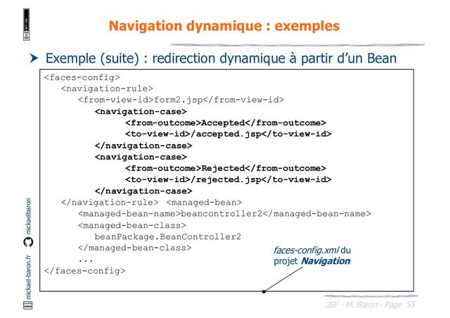55
JSF - M. Baron - Page
mickael-baron.fr mickaelbaron
Navigation dynamique : exemples
 Exemple (suite) : redirection dynamique à partir d’un Bean


form2.jsp

Accepted
/accepted.jsp


Rejected
/rejected.jsp

 
beancontroller2

beanPackage.BeanController2

...

faces-config.xml du
projet Navigation
