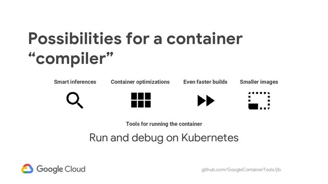 github.com/GoogleContainerTools/jib
Possibilities for a container
“compiler”
Smart inferences Container optimizations Even faster builds Smaller images
Tools for running the container
Run and debug on Kubernetes
