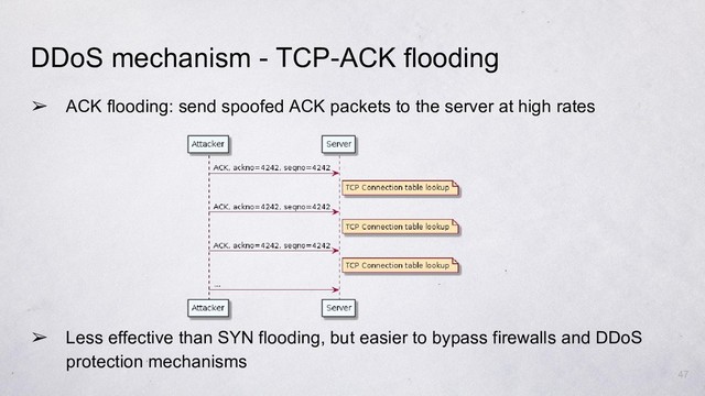 ➢ ACK flooding: send spoofed ACK packets to the server at high rates
➢ Less effective than SYN flooding, but easier to bypass firewalls and DDoS
protection mechanisms
47
DDoS mechanism - TCP-ACK flooding
