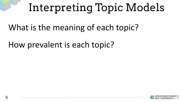 8
Interpreting Topic Models
What	  is	  the	  meaning	  of	  each	  topic?	  
How	  prevalent	  is	  each	  topic?
