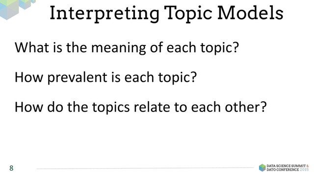 8
Interpreting Topic Models
What	  is	  the	  meaning	  of	  each	  topic?	  
How	  prevalent	  is	  each	  topic?
How	  do	  the	  topics	  relate	  to	  each	  other?
