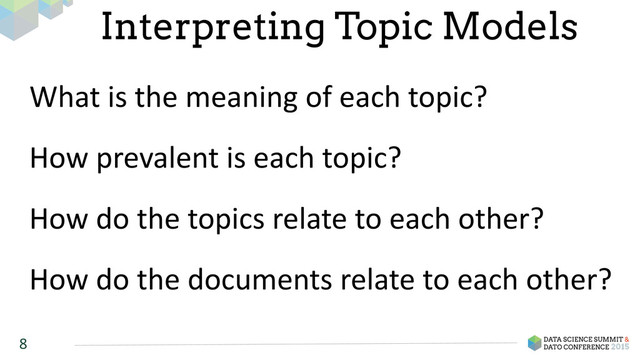8
Interpreting Topic Models
What	  is	  the	  meaning	  of	  each	  topic?	  
How	  prevalent	  is	  each	  topic?
How	  do	  the	  topics	  relate	  to	  each	  other?
How	  do	  the	  documents	  relate	  to	  each	  other?
